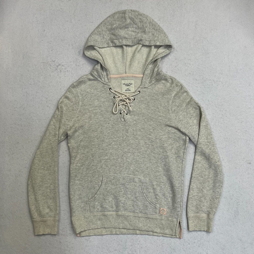 Womens American Eagle V-Neck Ivory Lightweight Hoodie Sweatshirt Size Medium GUC